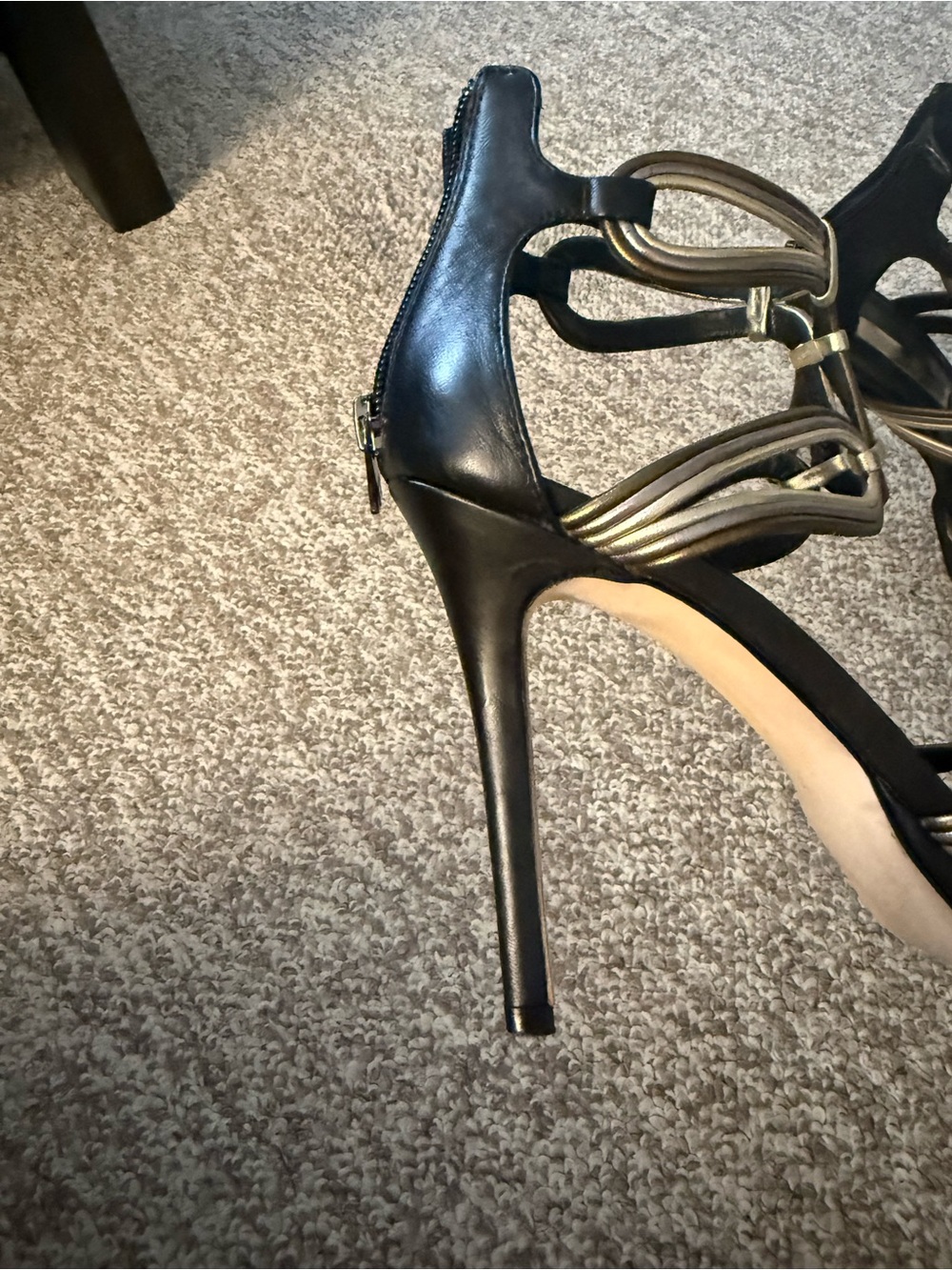 BCBGMaxAzria Black Sandal Heels with Gold Metallic Straps - Picture 3 of 6